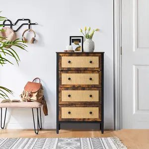 Chest of Drawers Rustic Rattan Storage Cabinet with 4 Drawers