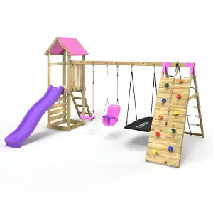 Rebo Challenge Wooden Climbing Frame with Swings, Slide and Up & over Climbing wall - Sanford Pink