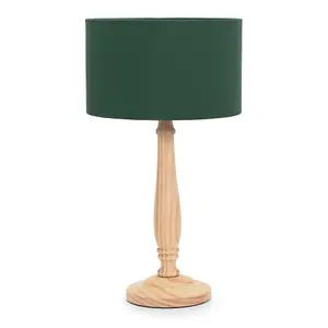 ValueLights Victoria Traditional Light Wood Candlestick Table Lamp with Forest Green Drum Shade - LED Bulb Included