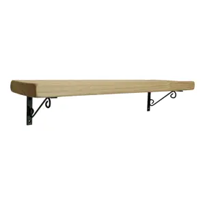 Solid Wood Handmade Rustical Shelf Unprimed 225mm 9 inch with Black Metal Bracket WOP Length of 80cm