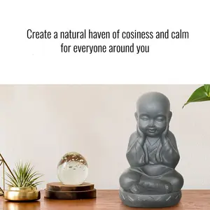 Buddha Statue Indoor and Outdoor, Grey Stone Effect Feng Shui Ornament, Buddha Baby Monk Figurine L20 W17 H35 cm