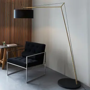 Matt Brass Large Standing Floor Lamp Light - Black Cotton Shade & Painted Base