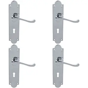 4 PACK - Victorian Latch & Lock Door Handle - Polished Chrome Lever On Shaped Backplate