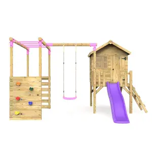 Rebo Orchard 4ft Wooden Children's Playhouse, Swings, Monkey Bars, Deck & 6ft Slide - Single Swing - Solar Purple