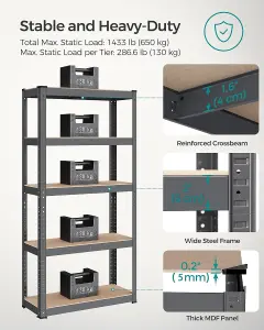 SONGMICS 5-Tier Steel Storage Unit, Shelves, Bolt-Free Assembly, Great for Garage and Shed, Grey