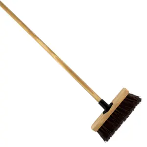 10-Inch Bassine Broom - Heavy-Duty Outdoor Sweeper with Wooden Handle - Perfect for Small Patios, Decks, and Gardens - Durable