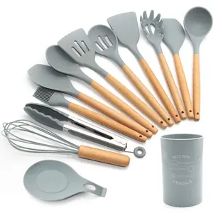 Silicone Kitchen Utensils Set,13 Pcs Wooden Handles Spatula Set,Cooking Utensils For Non Stick Pans,Silicone Spatulas For Cooking Kitchen Gadgets Tools (Grey)