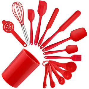 15 Pieces Set, Silicone Spatulas Kitchen Utensils For Cooking Baking Mixing, Non Stick & Heat Resistant Rubber Kitchen Tools With Holder, Healthy & One Piece Design, Black Red