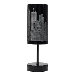 ValueLights Modern Gloss Black Touch Table Lamp with New York Skyline Shade - Includes 5w LED Dimmable Bulb 3000K Warm White