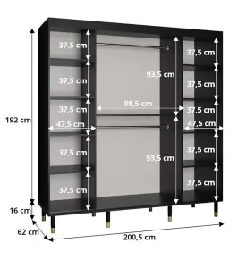 Bergen Contemporary 2 Sliding Door Wardrobe Gold Handles Marble Effect 9 Shelves 2 Rails Black (H)2080mm (W)2000mm (D)620mm