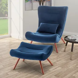 Velvet Blue Katia Accent Chair with Footstool