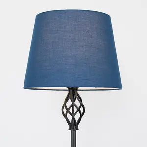 ValueLights Memphis Traditional Style Black Barley Twist Floor Lamp with Navy Blue Tapered Light Shade - with LED GLS Bulb