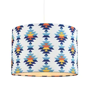 Colourful Boho Geometric 12 Inch Drum Lamp Shade in White with Blues and Oranges