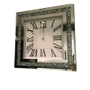 Crushed Diamond Silver Square Wall Clock Roman Numbers