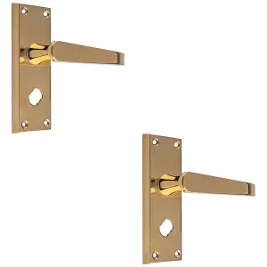 2 PACK - Straight Victorian Bathroom Latch Door Handle - Polished Brass Lever Backplate