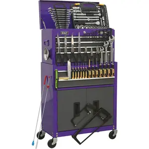 Premium 6 Drawer Tool Chest and Rollcab Bundle with 128 Piece Tool Kit in Stylish Purple and Grey