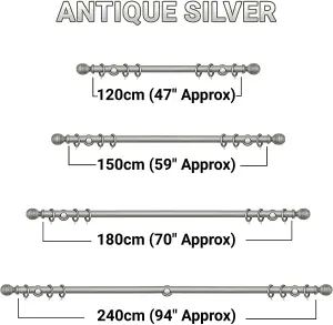 A.Unique Home Ribbed Wooden Curtain Pole with Rings and Fittings - 35mm - 150cm - Antique Silver