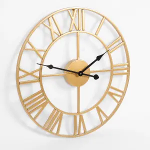 Large Wall Clock Roman Numerals Skeleton Big Open Round Face, Gold