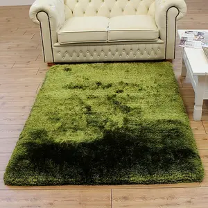 Plush Green Luxury Shaggy Polyester Sparkle Modern Luxurious Handmade Easy to Clean Rug for Living Room and Bedroom-70cm X 140cm