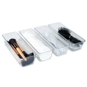 LIVIVO 4Pcs Clear Plastic Drawer Organiser, Versatile Desk & Kitchen Drawer Organiser - Tray for Makeup & Office Supplies - Large