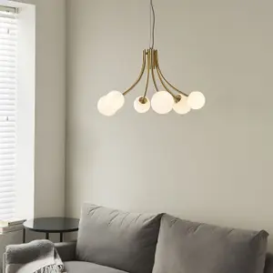 Ceiling Pendant Light Satin Brass Plate & Opal Glass 6 x 3W LED G9