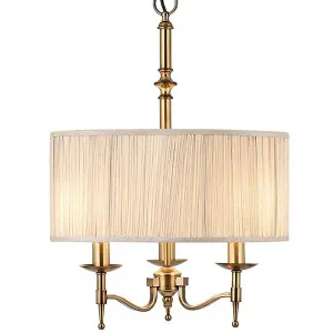 Avery Ceiling Pendant Chandelier Light 3 Lamp Antique Brass & Beige Round Shade