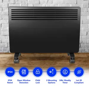 Devola Electric Panel Heater 1500W Low Energy Free Standing or Wall Radiator, Adjustable Thermostat with Programmable Timer Black