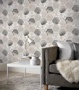 Arthouse Marbled Hex Charcoal/Rose Gold Wallpaper