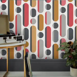 Envy Morse Red, Grey & Mustard Geometric Smooth Wallpaper Sample