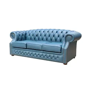 Chesterfield 3 Seater Sofa Shelly Majolica Blue Leather In Buckingham Style