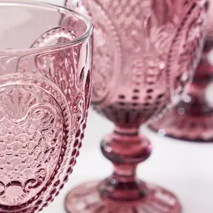 Set of 12 Vintage Luxury Pink Embossed Drinking Wine Glass Wine Goblets 310ml