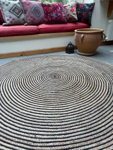 CHAKKAR DARK Stripe Round Jute Beige Black Rug / 90 cm Diameter