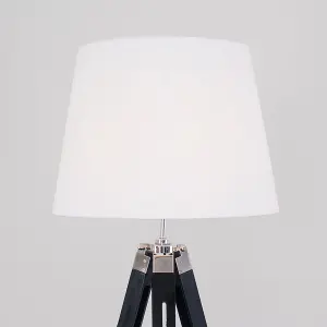 ValueLights Clipper Black Wood and Silver Chrome Tripod Floor Lamp with White Tapered Light Shade with 6w LED GLS Bulb