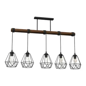 Milagro Acero Pendant Lamp 5XE27 This Hand Made Industrial Style Lamp Is Hand Made from Sleek Black Steel And Natural Dark Wood