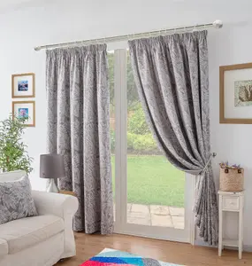 Chenille Jacquard Lined Pencil Pleat Curtains 229x229cm Silver