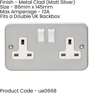 5 PACK 2 Gang Double 13A Switched UK Plug Socket HEAVY DUTY METAL CLAD Power