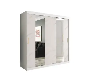 Modern White Geneva Sliding Door Wardrobe W2000mm H2000mm D620mm - Mirrored Doors, Gold Handles, Ample Storage