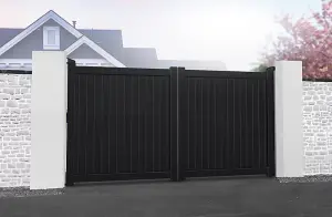 Double Swing Gate 3000x2200mm - Aluminium - Vertical Solid Infill and Flat Top - Black