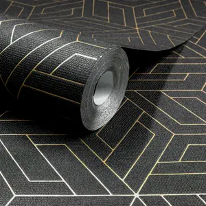 Grandeco Cobra Geometric Pattern Metallic Blown Vinyl Wallpaper, Charcoal Black