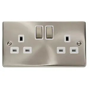 Satin / Brushed Chrome 2 Gang 13A DP Ingot Twin Double Switched Plug Socket - White Trim - SE Home