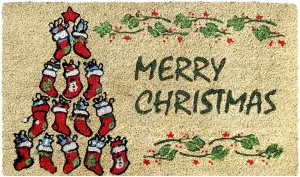 Coco&Coir Door Mat Eco-Friendly Indoor Outdoor Heavy Duty Christmas Theme Xmas Entrance Door Mat 45 x 75 cm SOCKS XMAS