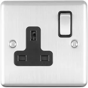 3 PACK 1 Gang Single UK Plug Socket SATIN STEEL 13A Switched Black Trim Plate