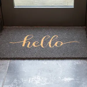 Printed Natural Coir Novelty Door Mat Grey Hello Decorative Heavy Duty Entrance Mat 45cm x 75cm Indoor / Sheltered Outdoor Use