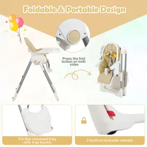 Costway 4-in-1 Baby High Chair Foldable Feeding Chair w/ 7 Heights 4 Reclining Angles