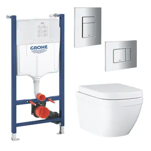 Grohe Euro Even Alpine White Wall hung Oval Toilet with Soft close seat & Concealed cistern & plate kit