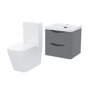 Nes Home 500mm Wall Hung Vanity Basin Unit & Square Rimless Close Coupled Toilet Steel Grey