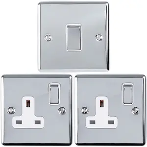 CHROME Bedroom Socket & Switch Set- 1x Light Switch & 2x UK Power Sockets