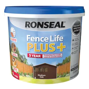 Ronseal Fence Life Plus Medium oak Matt Exterior Wood paint, 9L Tub