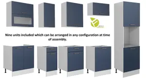 Kitchen Cabinet Set 300cm 9 Unit Navy Blue 3m Base Wall + Tall Oven Housing Nora