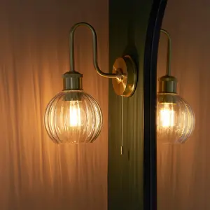 Luminosa Marsala Bathroom Glass Wall Lamp, Satin Brass Plate, Ribbed Glass, IP44